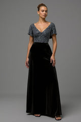 Glitzerndes Schwarzes Graues A-Linie Abendkleid aus Samt mit Pailletten