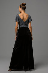 Glitzerndes Schwarzes Graues A-Linie Abendkleid aus Samt mit Pailletten