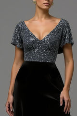 Glitzerndes Schwarzes Graues A-Linie Abendkleid aus Samt mit Pailletten