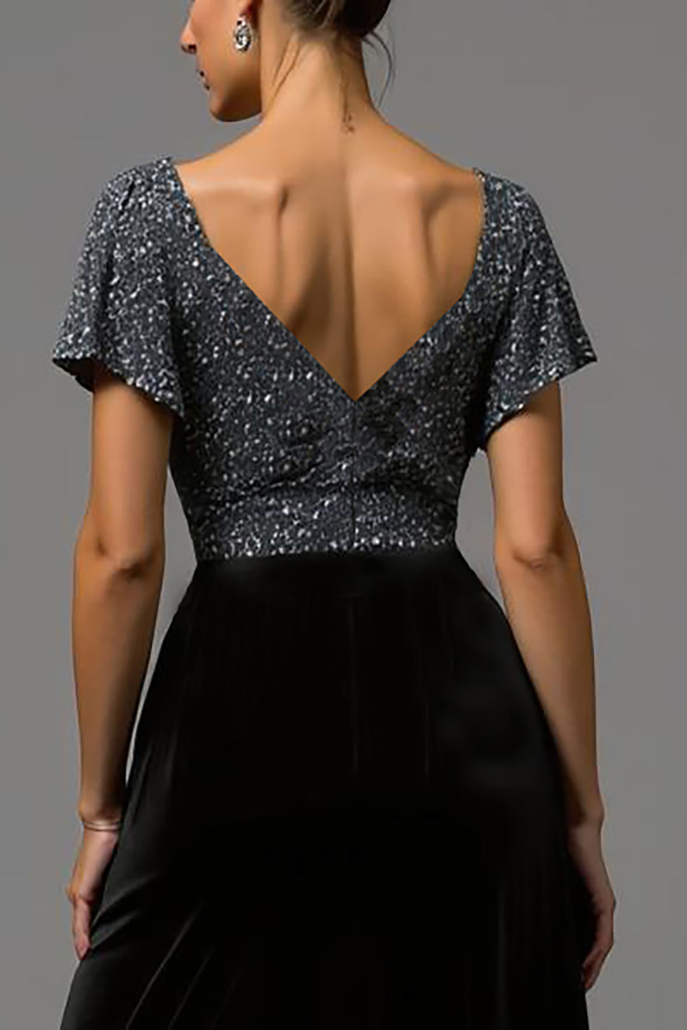 Glitzerndes Schwarzes Graues A-Linie Abendkleid aus Samt mit Pailletten