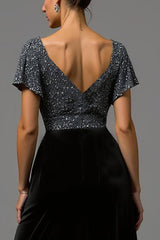 Glitzerndes Schwarzes Graues A-Linie Abendkleid aus Samt mit Pailletten