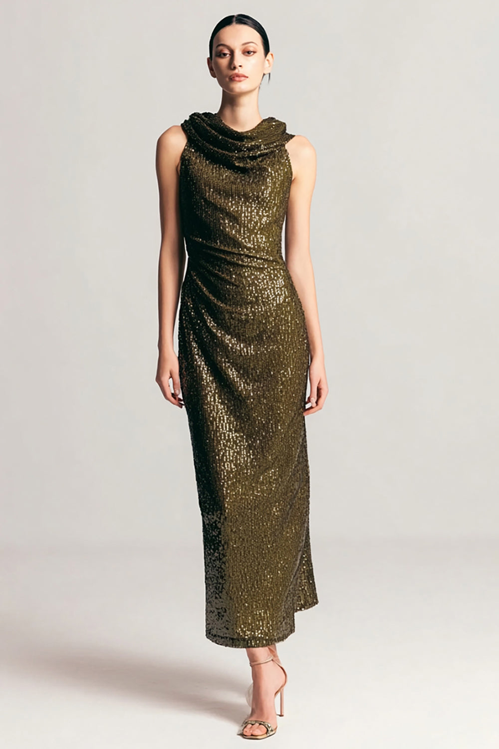 Olive Pailletten Etui Ballkleid mit Wasserfallausschnitt