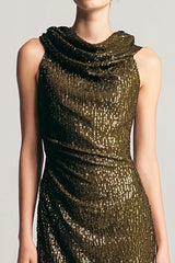 Olive Pailletten Etui Ballkleid mit Wasserfallausschnitt