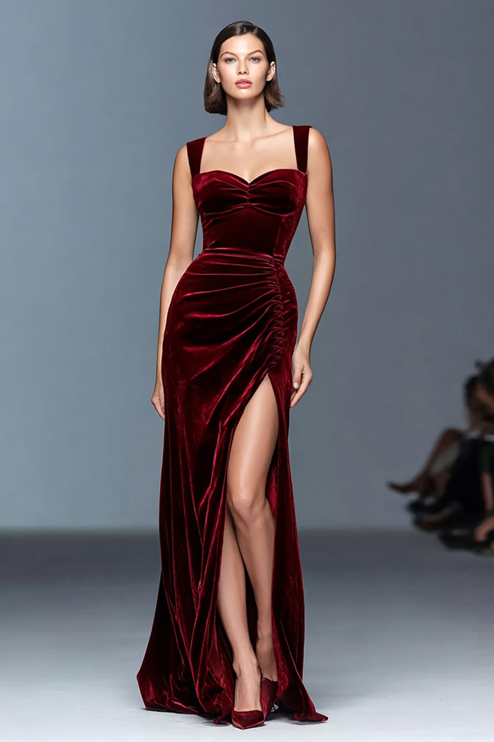 Burgundy Langes Ballkleid in A-Linie aus Samt mit Rüschen