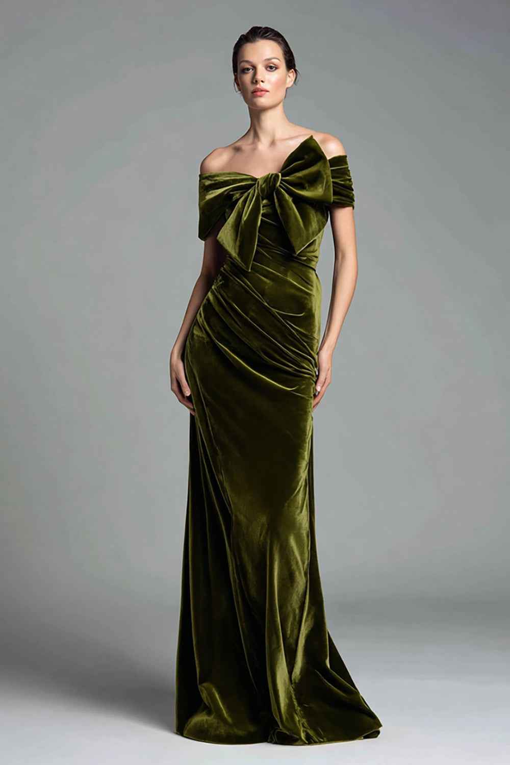 Olive Schulterfreies Ballkleid aus Samt in A-Linie mit Schleife