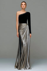 Schwarzes und Graues A-Linie Ballkleid aus Metallic-Satin mit einer Schulter