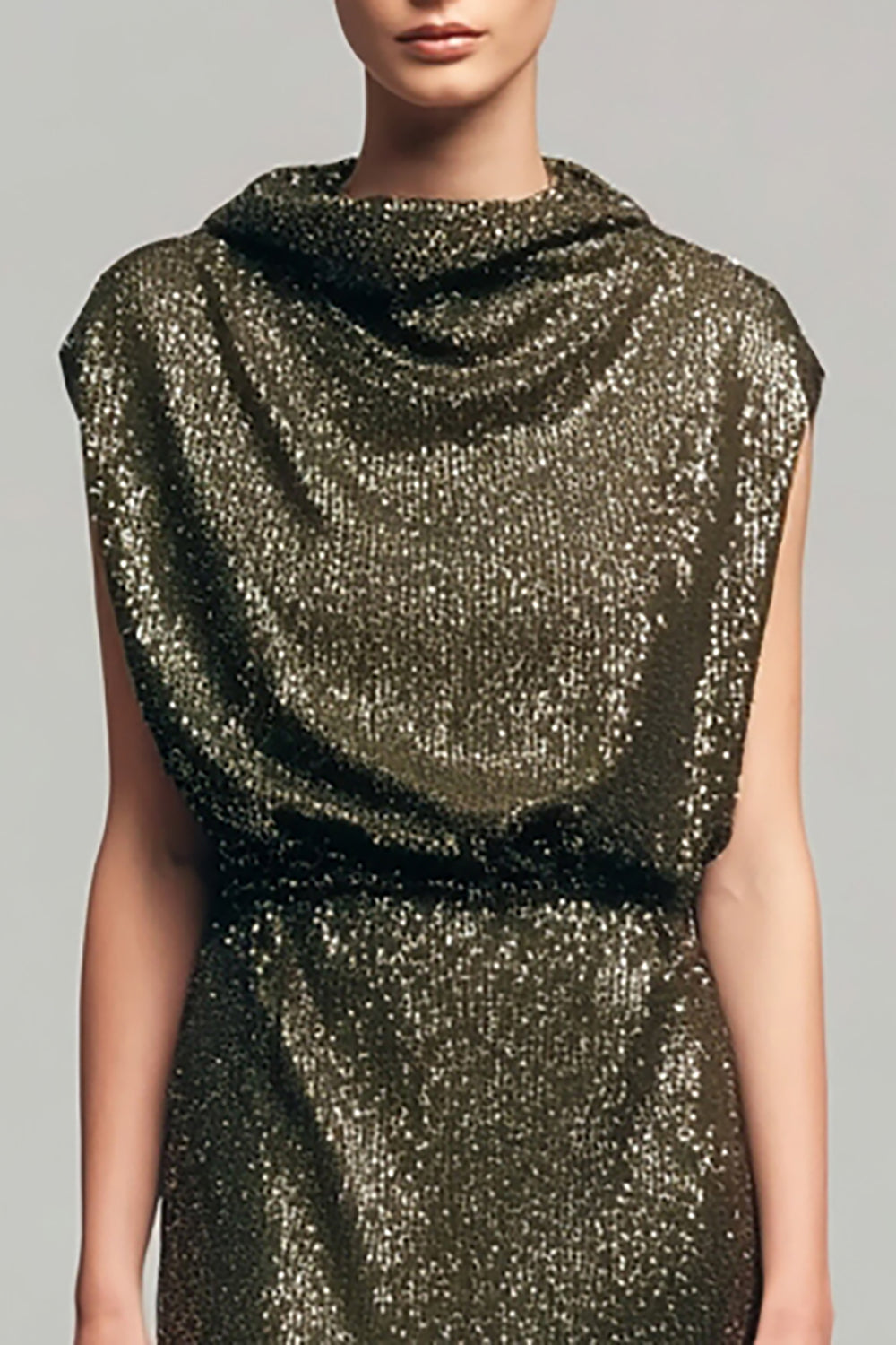 Glitzerndes Olivgrünes Figurbetontes Gerafftes Langes Ballkleid mit Pailletten