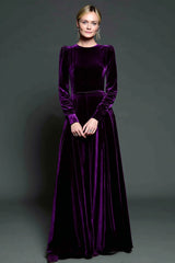 A Linie Dunkelviolettes Formelles Kleid aus Samt mit langen Ärmeln