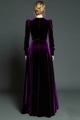 A Linie Dunkelviolettes Formelles Kleid aus Samt mit langen Ärmeln