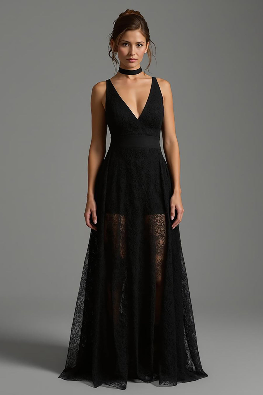 Schwarzes Langes Ballkleid in A-Linie mit V-Ausschnitt und Spitze