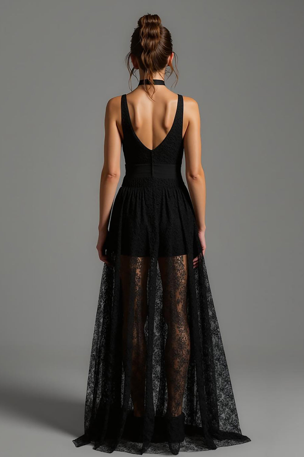Schwarzes Langes Ballkleid in A-Linie mit V-Ausschnitt und Spitze
