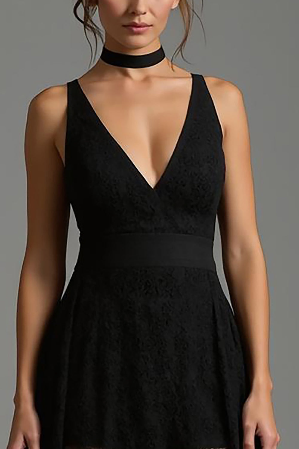 Schwarzes Langes Ballkleid in A-Linie mit V-Ausschnitt und Spitze