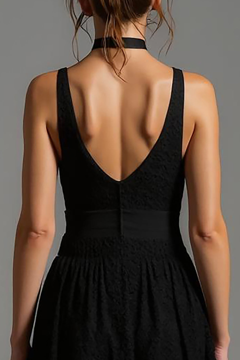 Schwarzes Langes Ballkleid in A-Linie mit V-Ausschnitt und Spitze