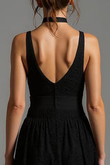 Schwarzes Langes Ballkleid in A-Linie mit V-Ausschnitt und Spitze