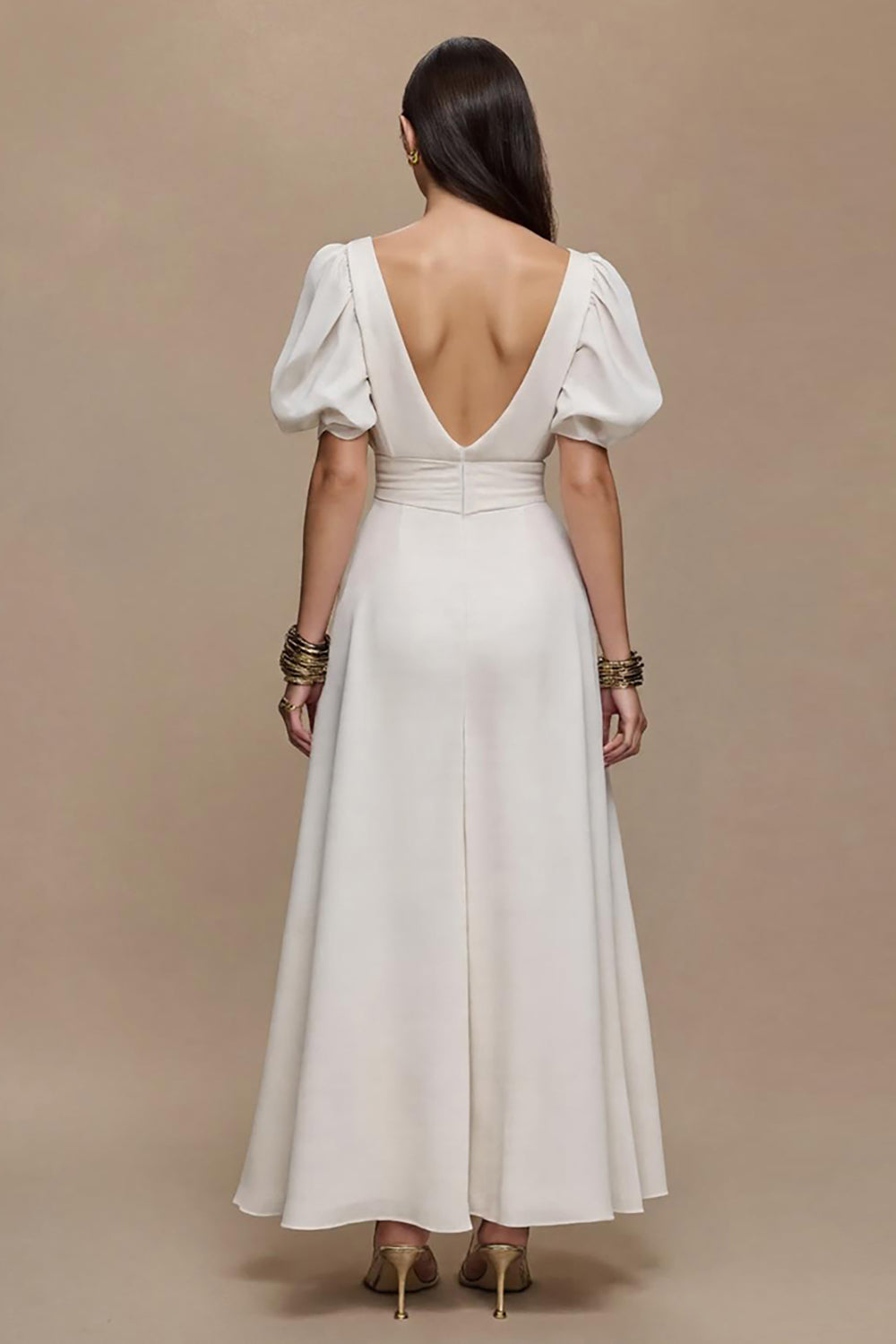 Elfenbein Ballkleid in A-Linie mit V-Ausschnitt und Puffärmeln