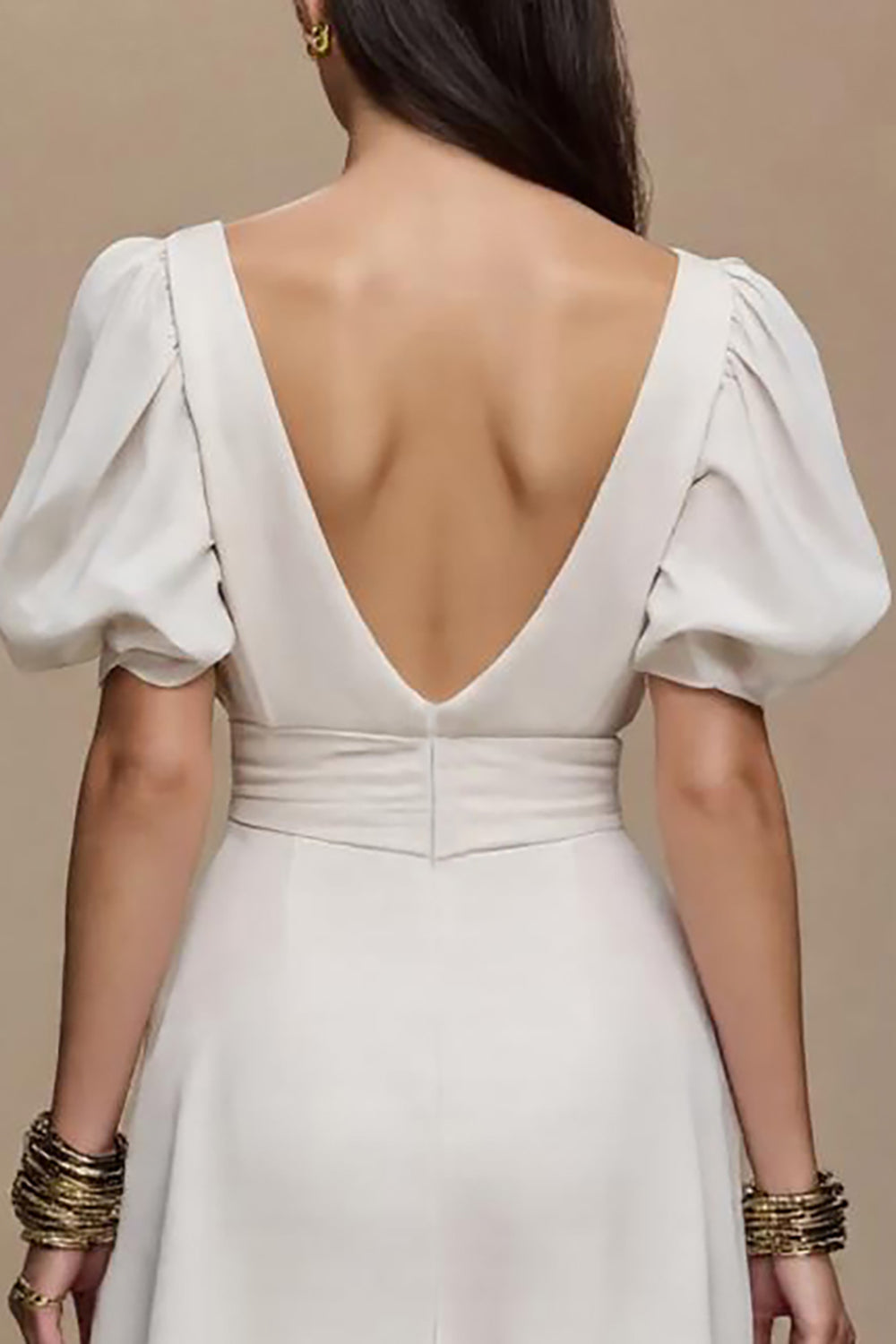 Elfenbein Ballkleid in A-Linie mit V-Ausschnitt und Puffärmeln