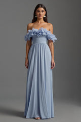 Himmelblaues Schulterfreies Chiffon Ballkleid mit Rüschen