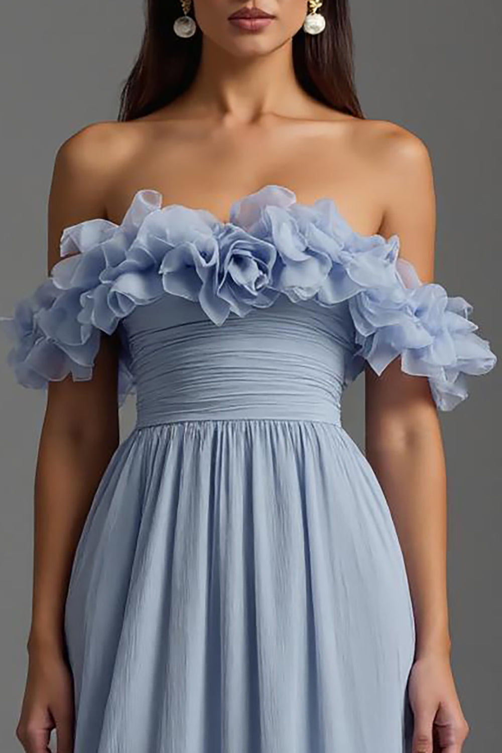 Himmelblaues Schulterfreies Chiffon Ballkleid mit Rüschen
