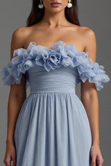 Himmelblaues Schulterfreies Chiffon Ballkleid mit Rüschen