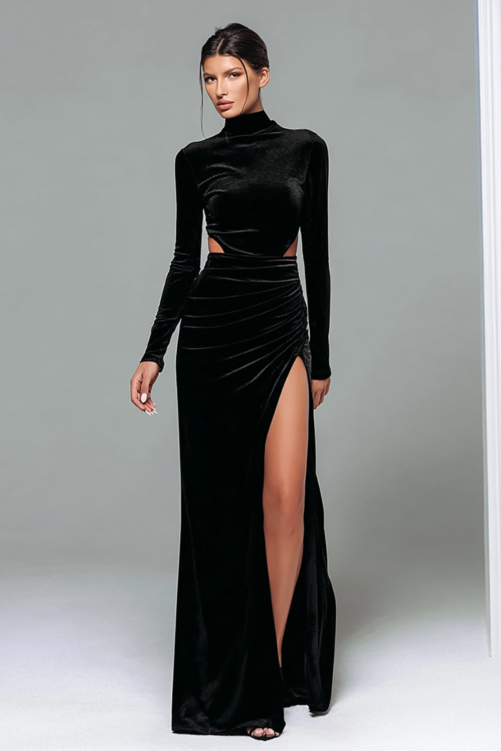 Schwarzes Samt Stehkragen Langarm Urlaub Party Kleid mit Schlitz