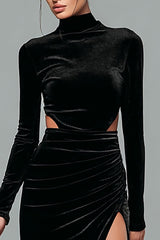 Schwarzes Samt Stehkragen Langarm Urlaub Party Kleid mit Schlitz
