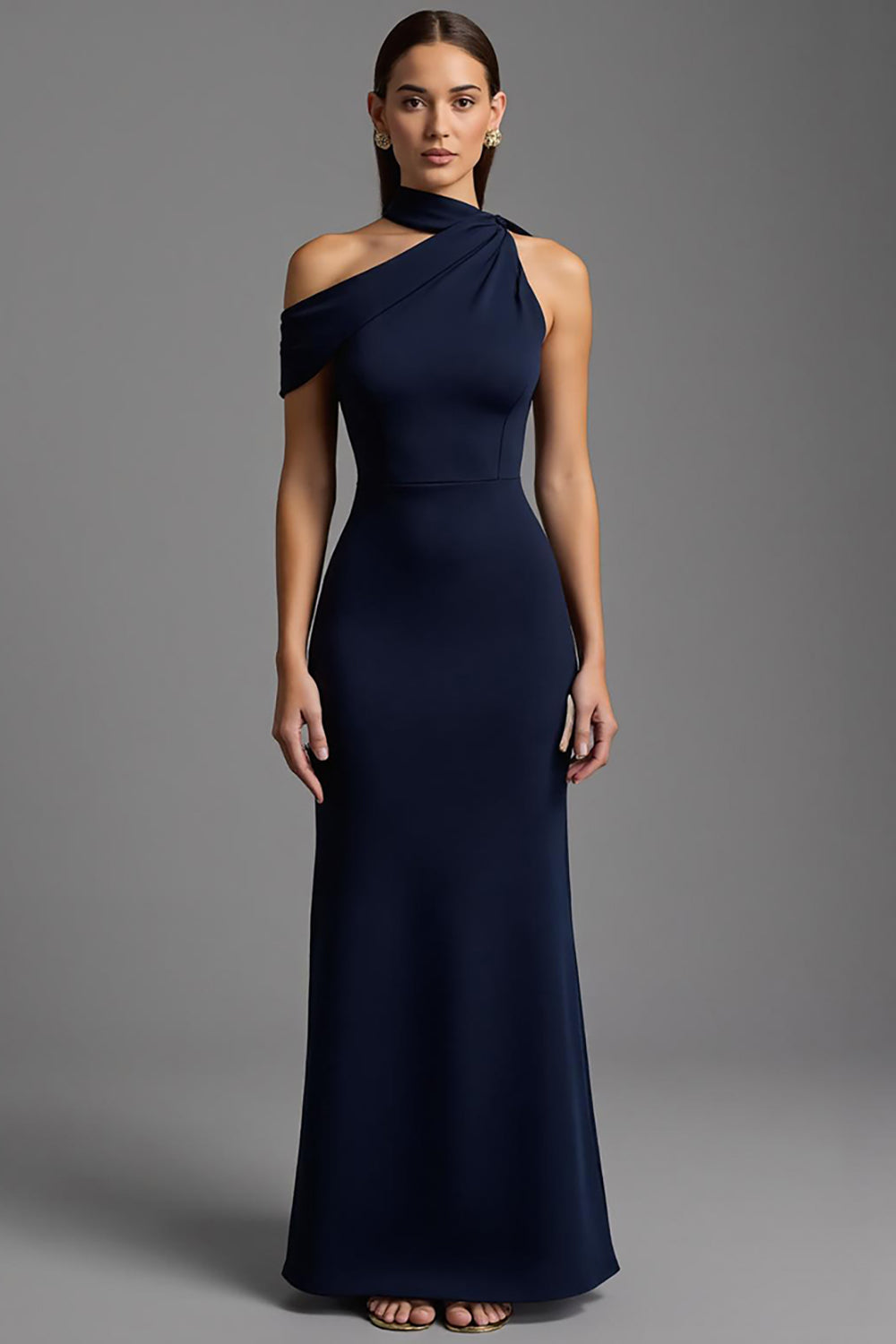 Marineblaues Langes Ballkleid aus Satin mit Asymmetrischem Ausschnitt