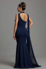 Meerjungfrau Marineblaues Satin Halstuch Langes Ballkleid