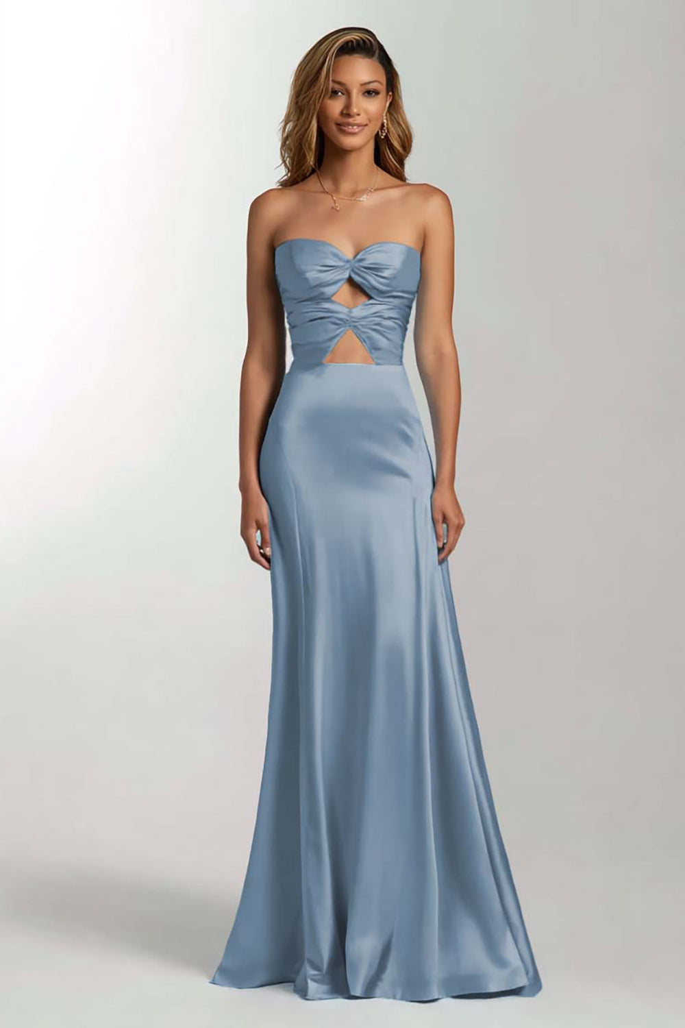 Himmelblaues Meerjungfrauen Trägerloses Cut-Out Satin Ballkleid