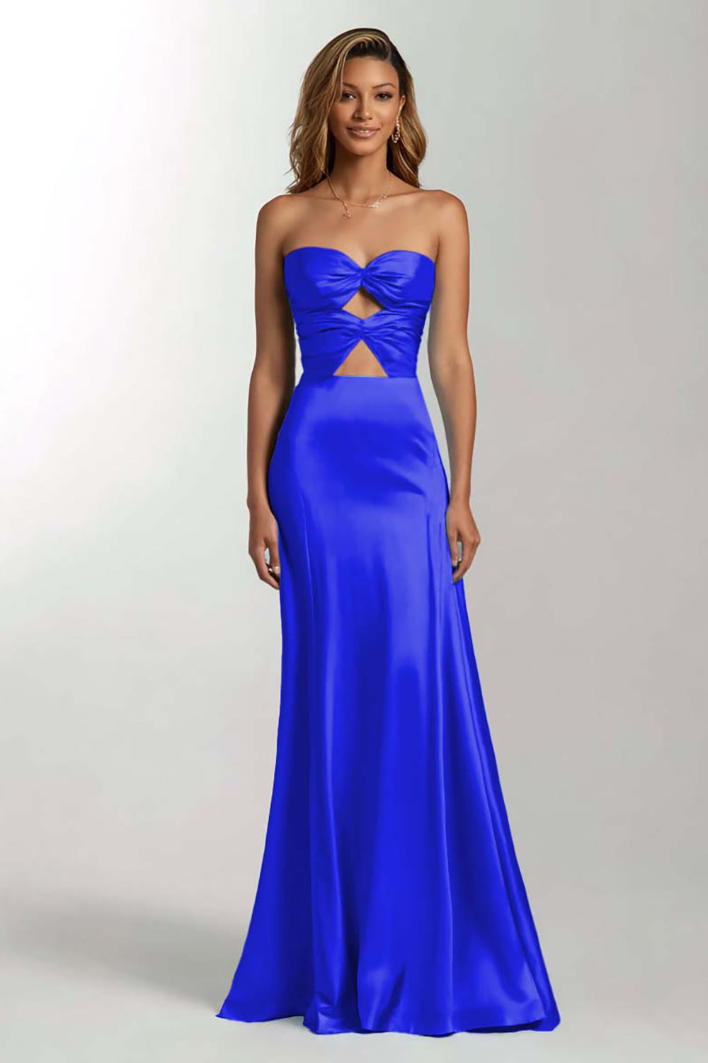 Himmelblaues Meerjungfrauen Trägerloses Cut-Out Satin Ballkleid