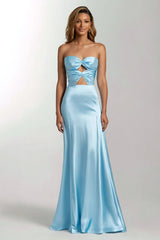 Himmelblaues Meerjungfrauen Trägerloses Cut-Out Satin Ballkleid