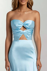 Himmelblaues Meerjungfrauen Trägerloses Cut-Out Satin Ballkleid