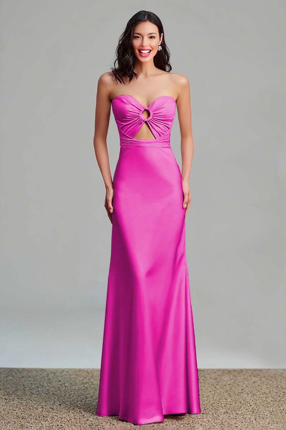 Rosa Satin Cut Out Etui Trägerloses Langes Ballkleid