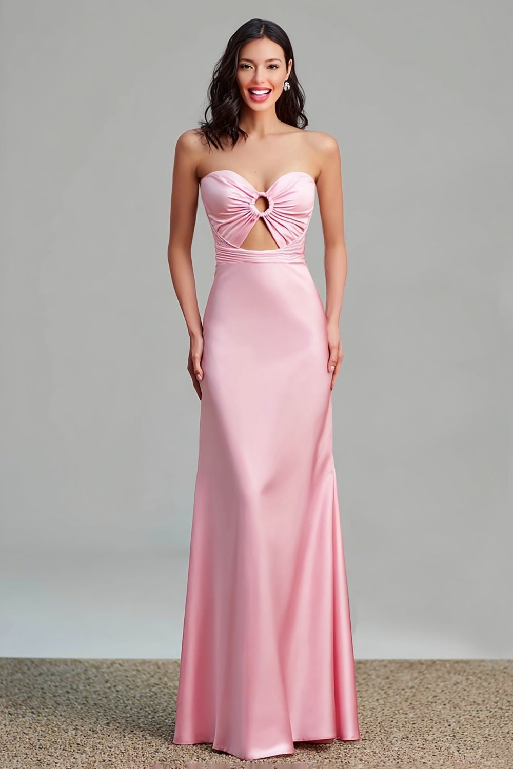 Rosa Satin Cut Out Etui Trägerloses Langes Ballkleid