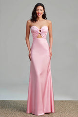 Rosa Satin Cut Out Etui Trägerloses Langes Ballkleid