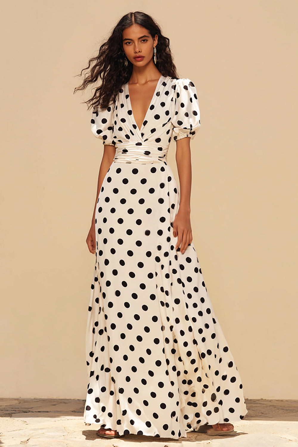 Weißes Schwarzes Punkt Wickelkleid mit Ärmeln