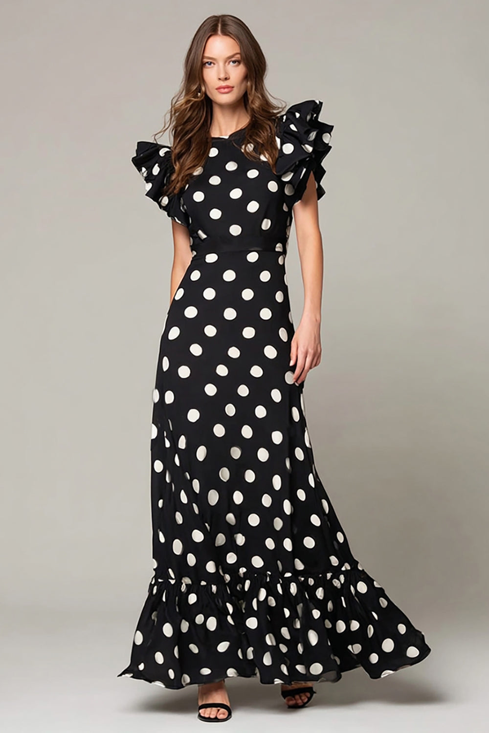 Schwarz-Weißes Dot A Linie Langes Ballkleid mit Rüschen