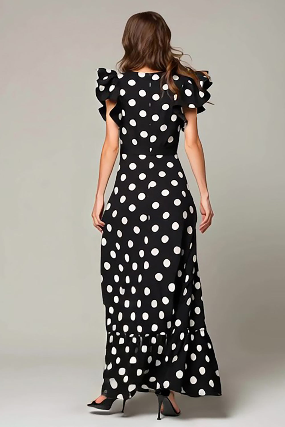 Schwarz-Weißes Dot A Linie Langes Ballkleid mit Rüschen