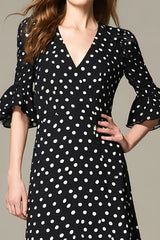 Schwarz-Weißes Gepunktetes Langes Ballkleid mit Rüschen und Ärmeln