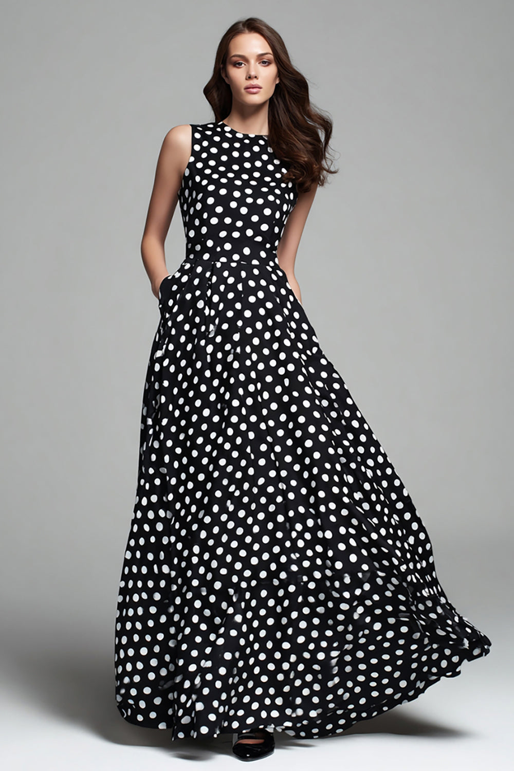 Schwarz Weiß Dot A Line Rundhalsausschnitt Langes Ballkleid mit Tasche