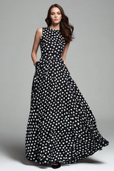 Schwarz Weiß Dot A Line Rundhalsausschnitt Langes Ballkleid mit Tasche