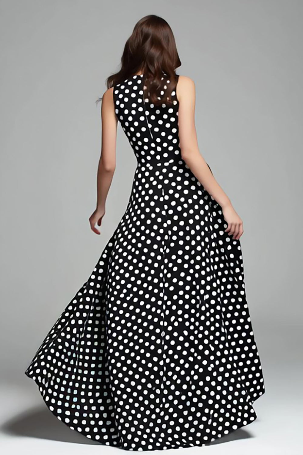 Schwarz Weiß Dot A Line Rundhalsausschnitt Langes Ballkleid mit Tasche