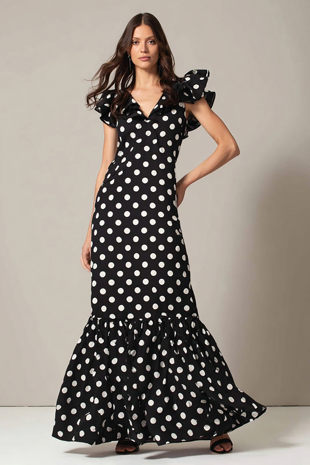 Schwarz Weiß Dot A Linie Langes Ballkleid mit V-Ausschnitt und Rüschen