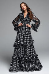 Schwarz-Weißes Langes Ballkleid mit Rüschen und Ärmeln