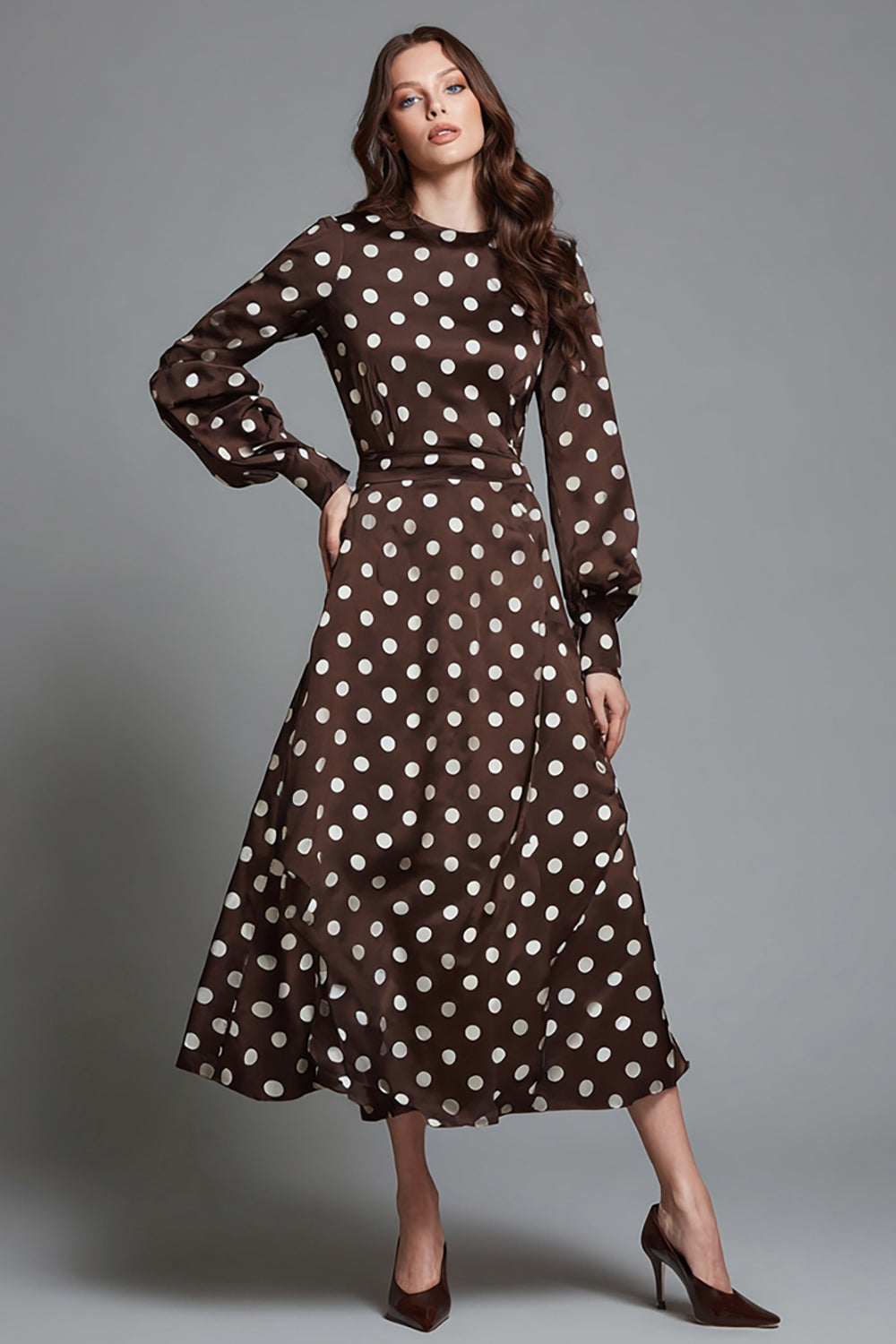 Dunkelbraunes Weißes Dot A-Linie Partykleid mit Rundhalsausschnitt und Ärmeln