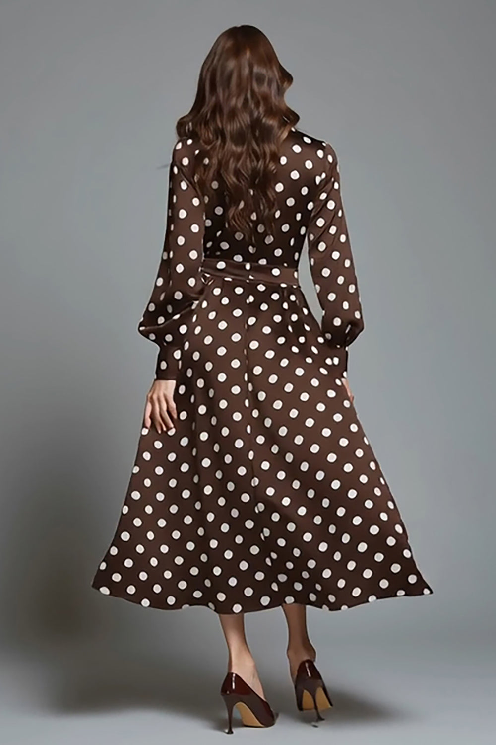 Dunkelbraunes Weißes Dot A-Linie Partykleid mit Rundhalsausschnitt und Ärmeln