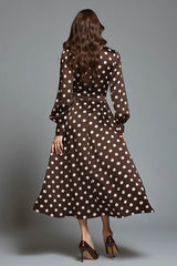 Dunkelbraunes Weißes Dot A-Linie Partykleid mit Rundhalsausschnitt und Ärmeln