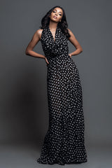 Schwarz-Weißes Dot A Linie Neckholder Langes Ballkleid