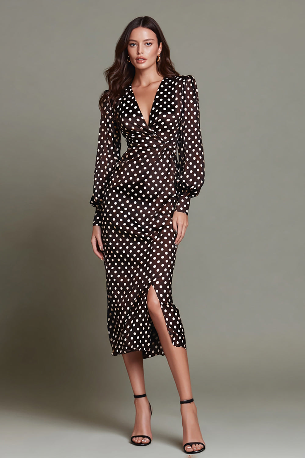 Dunkelbraunes Figurbetontes V-Ausschnitt Partykleid mit weißem Punkt und Schlitz