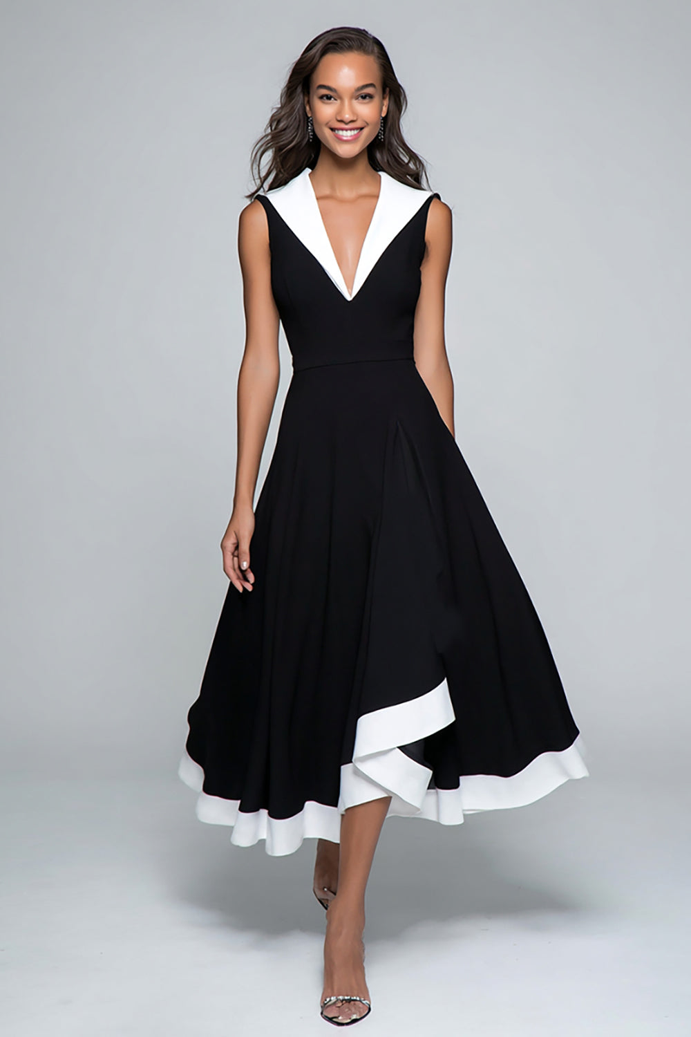 Schwarzes und weißes Midi Partykleid in A-Linie mit V-Ausschnitt