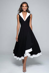 Schwarzes und weißes Midi Partykleid in A-Linie mit V-Ausschnitt